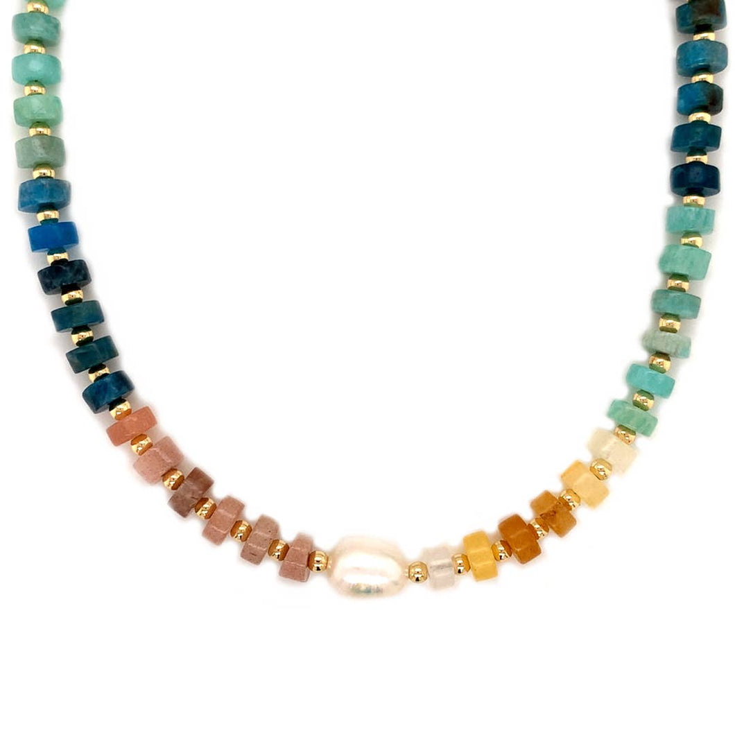 Candy Rainbow Gemstone Beaded Necklace with Pearl Accent: Bold
