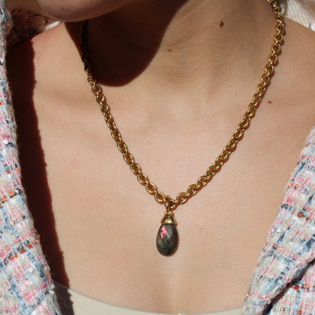 Antiqued Gold Chunky Labradorite Pendant Necklace